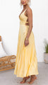 Aby – Robe longue jaune plissée à col en V